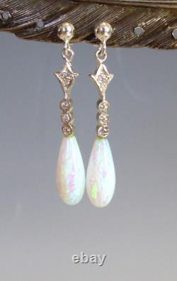 Fine Silver Gold Opal Victorian Style Teardrop Drop Earrings