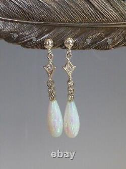 Fine Silver Gold Opal Victorian Style Teardrop Drop Earrings