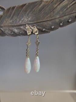 Fine Silver Gold Opal Victorian Style Teardrop Drop Earrings