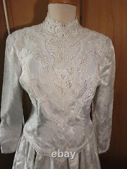 Gunne Sax Style Silver Gray Victorian Lace and Brocade Wedding Dress Sparkles