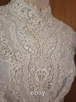 Gunne Sax Style Silver Gray Victorian Lace and Brocade Wedding Dress Sparkles