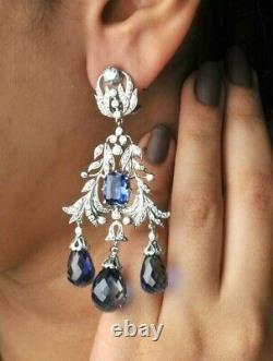 Lab Kashmir Sapphire Chandelier Earrings Fine Silver Victorian Style Joaillerie