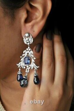 Lab Kashmir Sapphire Chandelier Earrings Fine Silver Victorian Style Joaillerie