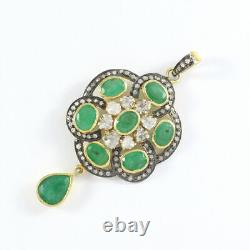 Natural Emerald Victorian Pave Diamond Pendant 925 Sterling Silver Fine Jewelry