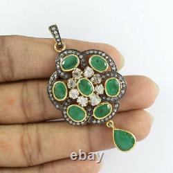 Natural Emerald Victorian Pave Diamond Pendant 925 Sterling Silver Fine Jewelry