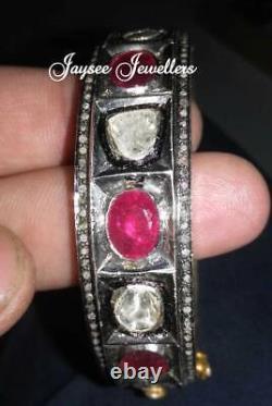 Natural Ruby Gemstone With Rose Cut Polki Diamond Victorian Style Silver Bangle