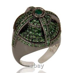 Natural Tsavorite Emerald Victorian Style Dome Ring 925 Sterling Silver Jewelry