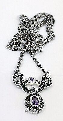 Necklace Victorian Style 925 Sterling Silver Set With Marcasite And Amethyst