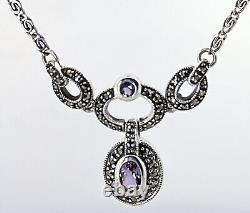 Necklace Victorian Style 925 Sterling Silver Set With Marcasite And Amethyst