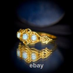 Opal Trilogy Three Stone Yellow Gold on Silver Ring Antique Victorian Style