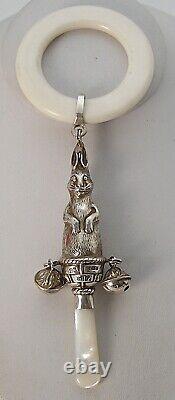 Peter Rabbit Victorian Style Sterling Bells Baby Rattle Teething Ring MOP Handle