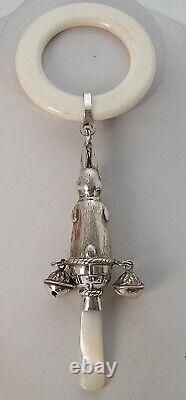 Peter Rabbit Victorian Style Sterling Bells Baby Rattle Teething Ring MOP Handle