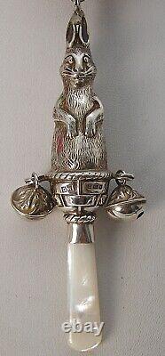 Peter Rabbit Victorian Style Sterling Bells Baby Rattle Teething Ring MOP Handle