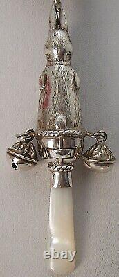 Peter Rabbit Victorian Style Sterling Bells Baby Rattle Teething Ring MOP Handle