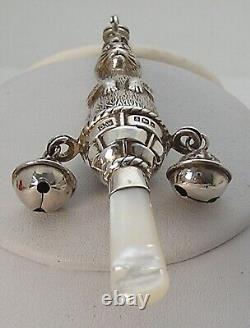 Peter Rabbit Victorian Style Sterling Bells Baby Rattle Teething Ring MOP Handle