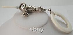 Peter Rabbit Victorian Style Sterling Bells Baby Rattle Teething Ring MOP Handle