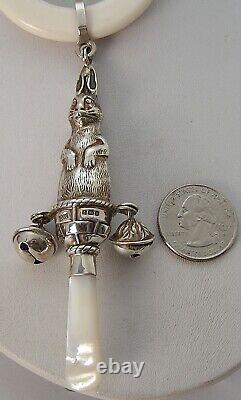 Peter Rabbit Victorian Style Sterling Bells Baby Rattle Teething Ring MOP Handle