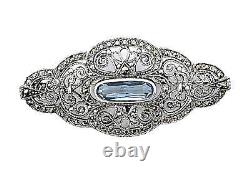 Pin Brooch Victorian Style 925 Sterling Silver Set With Marcasite & Aquamarine