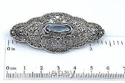 Pin Brooch Victorian Style 925 Sterling Silver Set With Marcasite & Aquamarine