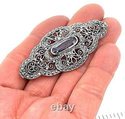 Pin Brooch Victorian Style 925 Sterling Silver Set With Marcasite & Aquamarine