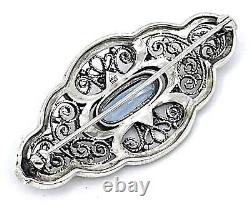 Pin Brooch Victorian Style 925 Sterling Silver Set With Marcasite & Aquamarine