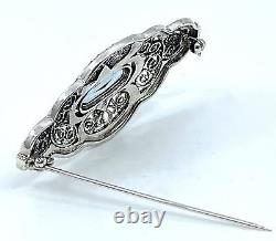 Pin Brooch Victorian Style 925 Sterling Silver Set With Marcasite & Aquamarine