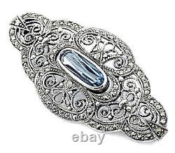 Pin Brooch Victorian Style 925 Sterling Silver Set With Marcasite & Aquamarine