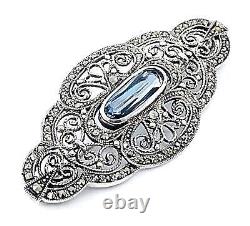 Pin Brooch Victorian Style 925 Sterling Silver Set With Marcasite & Aquamarine