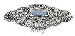 Pin Brooch Victorian Style 925 Sterling Silver Set With Marcasite & Aquamarine