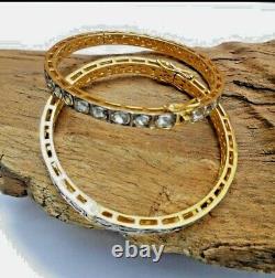Real Diamond Polki Victorian Style 925 Sterling Silver Opanable Bangles Size 2.4