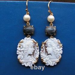 SHELL CAMEO VICTORIAN STYLE EARRINGS ANTIQUE STYLE 925 SILVER GOLD PLATED pearl