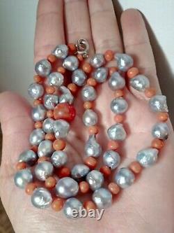 Silver-Gray Metallic Baroque Keshi Sea Pearl & Coral Victorian Style Necklace