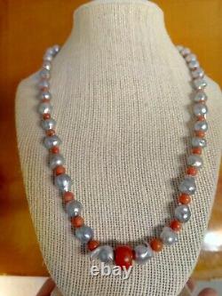 Silver-Gray Metallic Baroque Keshi Sea Pearl & Coral Victorian Style Necklace