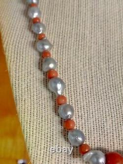 Silver-Gray Metallic Baroque Keshi Sea Pearl & Coral Victorian Style Necklace