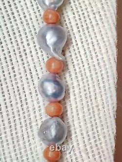 Silver-Gray Metallic Baroque Keshi Sea Pearl & Coral Victorian Style Necklace