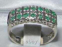 Solid English Sterling Silver Natural Emerald Victorian Style Wide Eternity Ring