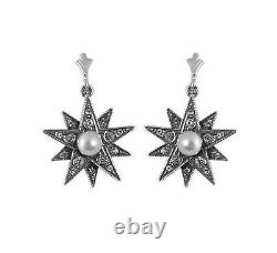 Star Drop Earrings Victorian Style 925 Sterling Silver Set With Cubic Zirconia