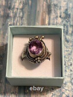 Sterling Silver Antique Victorian Style Huge Amethyst Purple Ring Size 7.5