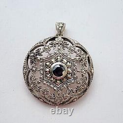 Sterling Silver Black Stone Marcasite Large Pendant Or Brooch Art Deco Victorian