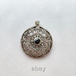 Sterling Silver Black Stone Marcasite Large Pendant Or Brooch Art Deco Victorian