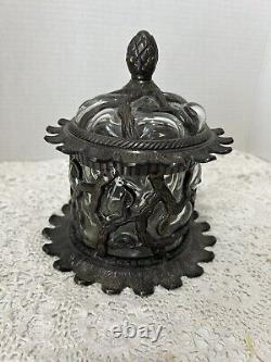 Trinket Jar Vintage Lidded Container Victorian Style Metal & Glass Leaf Vine