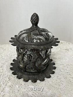 Trinket Jar Vintage Lidded Container Victorian Style Metal & Glass Leaf Vine