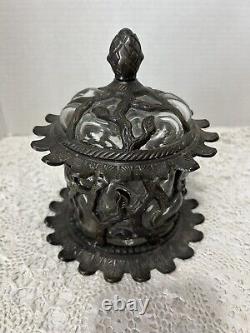 Trinket Jar Vintage Lidded Container Victorian Style Metal & Glass Leaf Vine