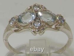 Unusual Solid 925 Sterling Silver Natural Aquamarine Victorian Style Ring