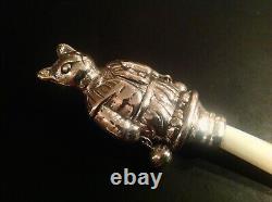 VICTORIAN STYLE Sterling Silver Tom Kitten Cat BABY RATTLE Baby Shower Gift