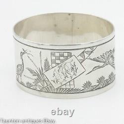 Victorian Asian style aesthetic design solid silver napkin ring bird boat 1889