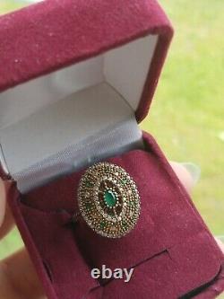 Victorian Era Style Sterling Silver 925 Emeralds Crystals Cocktail Ring Size 8
