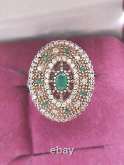 Victorian Era Style Sterling Silver 925 Emeralds Crystals Cocktail Ring Size 8