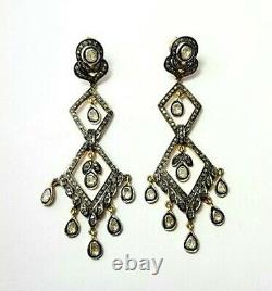Victorian Style 925 Fine Silver Natural Polki & Natural Pave Diamond Earring