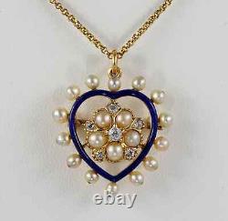 Victorian Style 925 sterling silver CZ Pearl Royal Blue Heart Brooch/Pendant